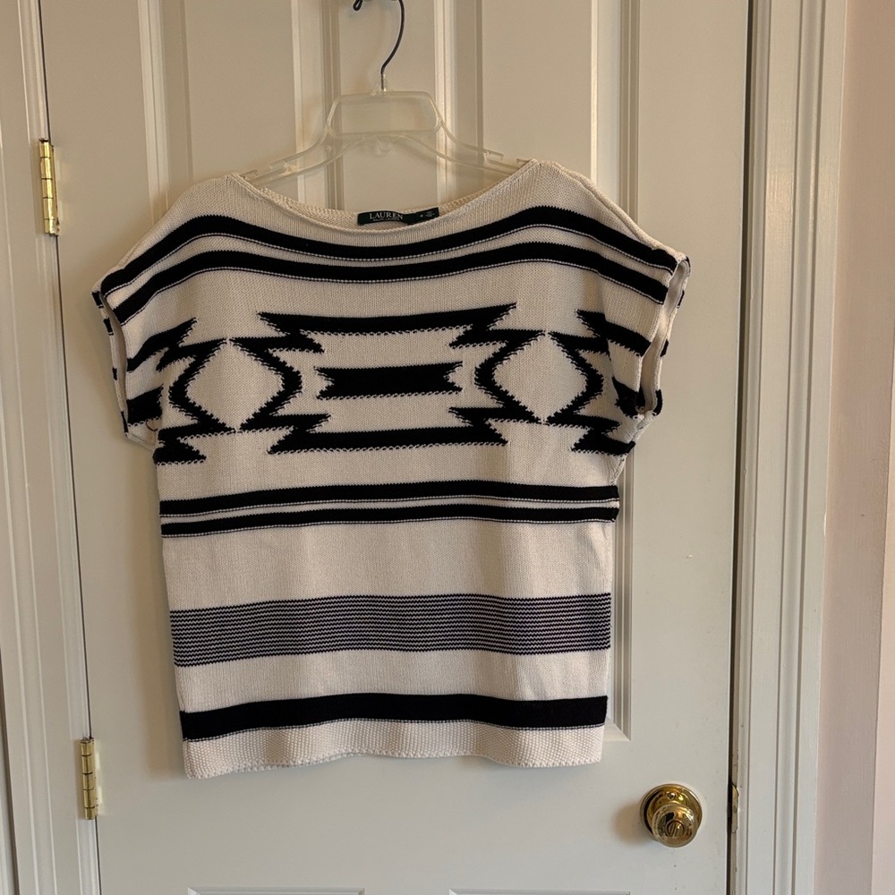 LAUREN Ralph Lauren Cream and Black Southwestern Design Boat Neck Sweater